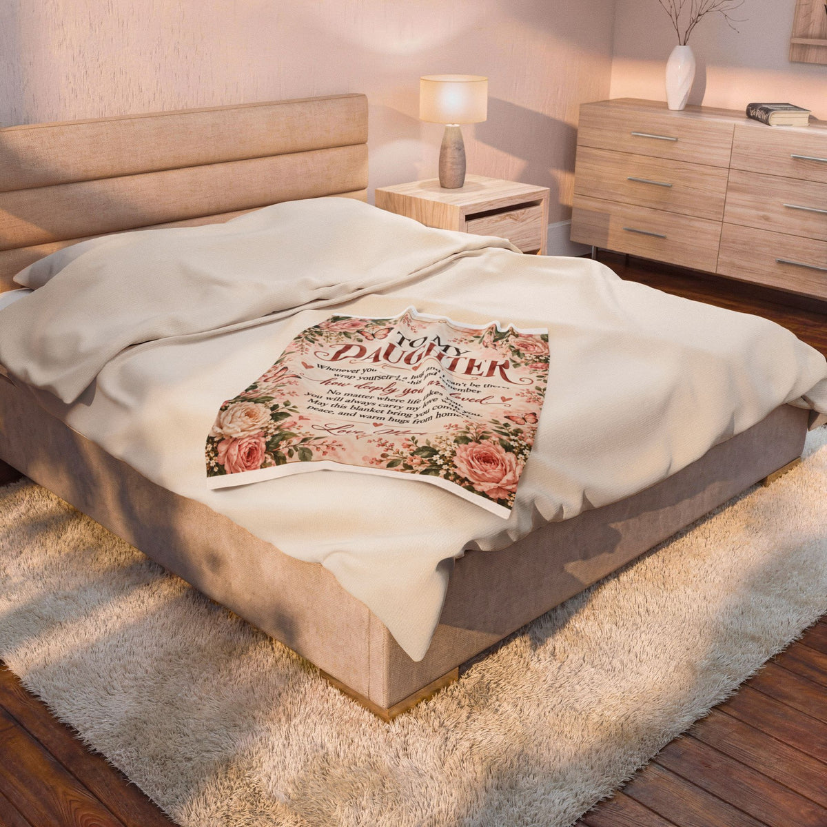To My Daughter Love Mom Floral Velveteen Plush Blanket
