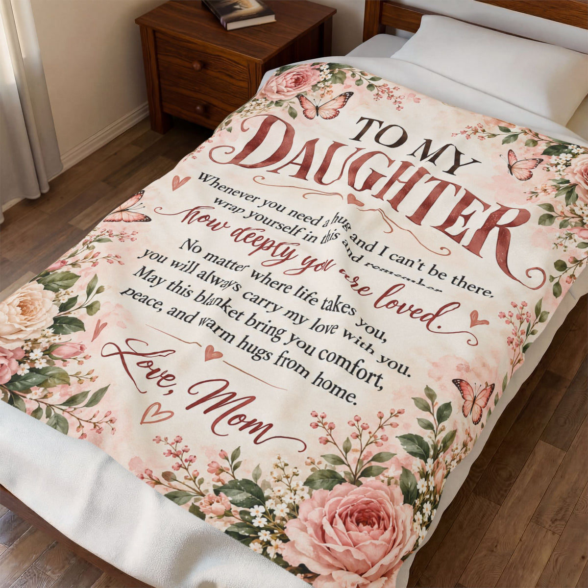 To My Daughter Love Mom Floral Velveteen Plush Blanket
