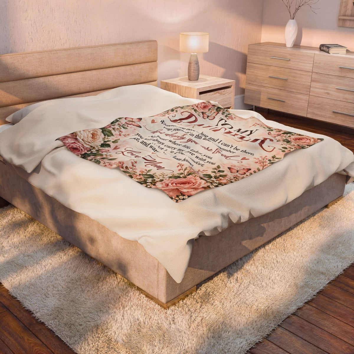 To My Daughter Love Mom Floral Velveteen Plush Blanket