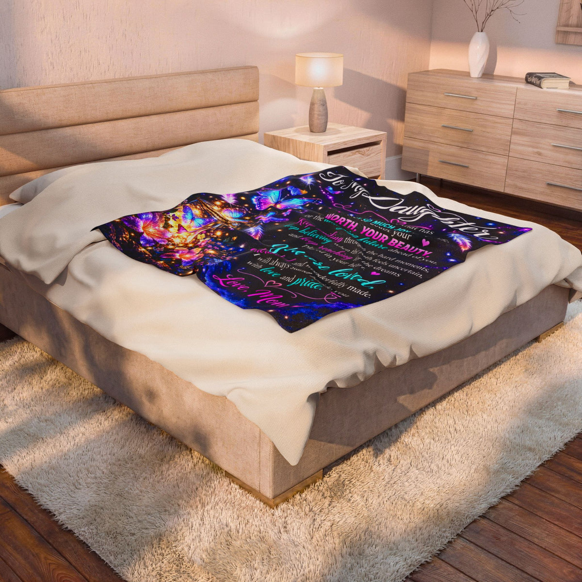 To My Daughter Velvet Blanket — Inspirational Mom Love Gift with Butterflies & Heartfelt Message