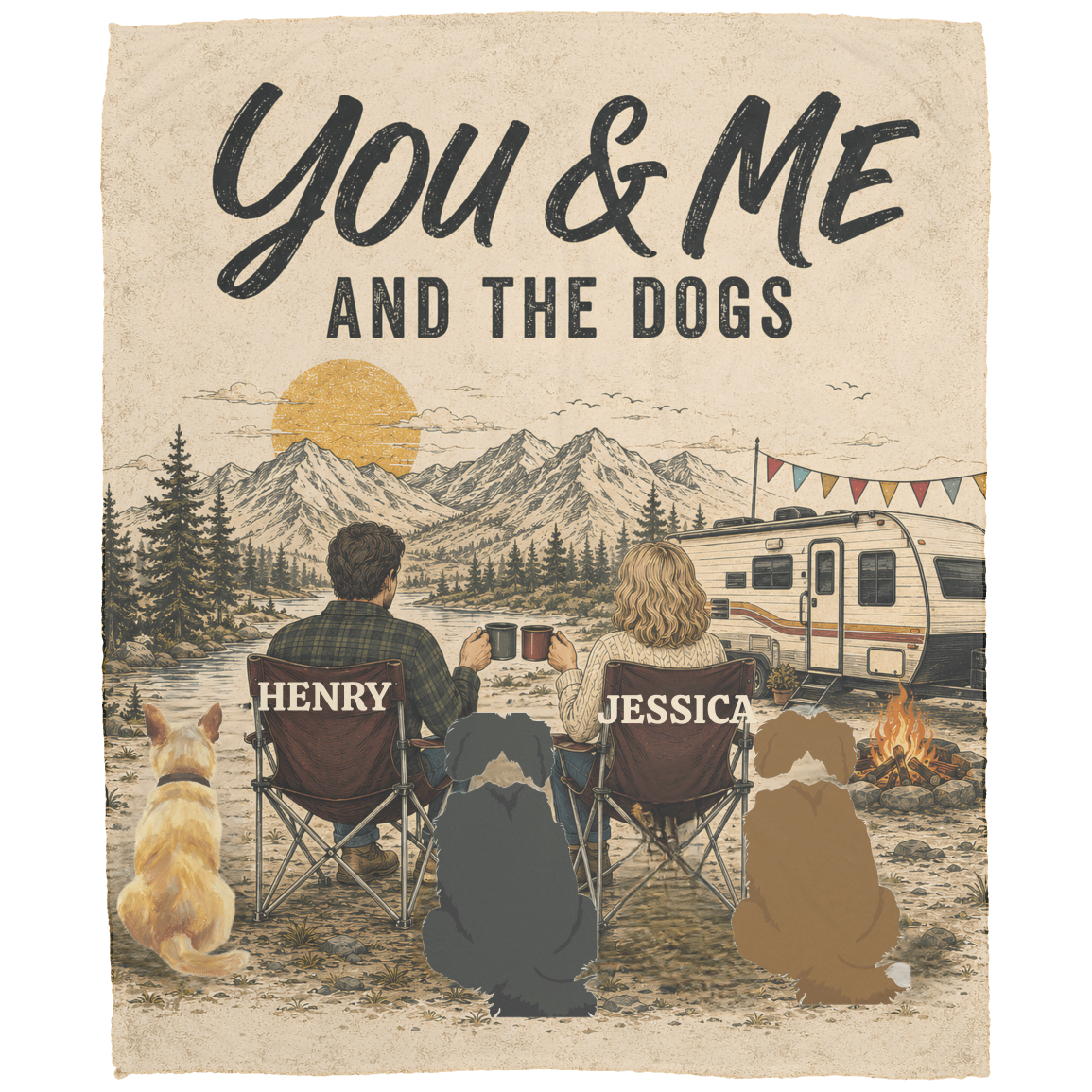 Personalized Camping Couple & Dogs Blanket - 50"x60"