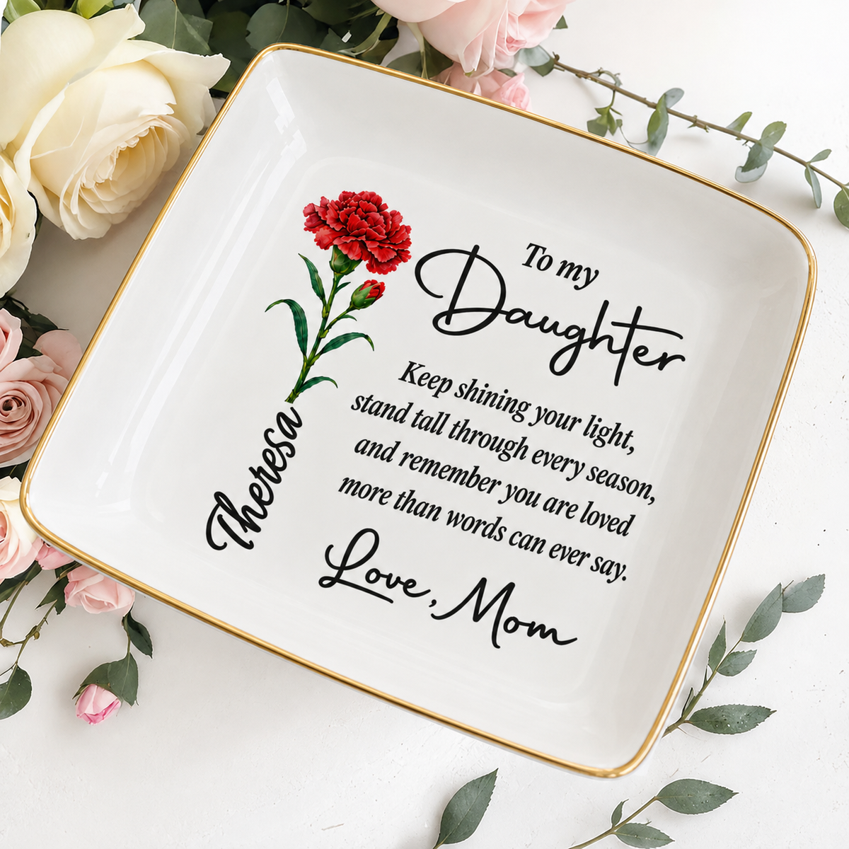 Personalized Birth Flower Jewelry Dish for Daughter – Gift From Mom