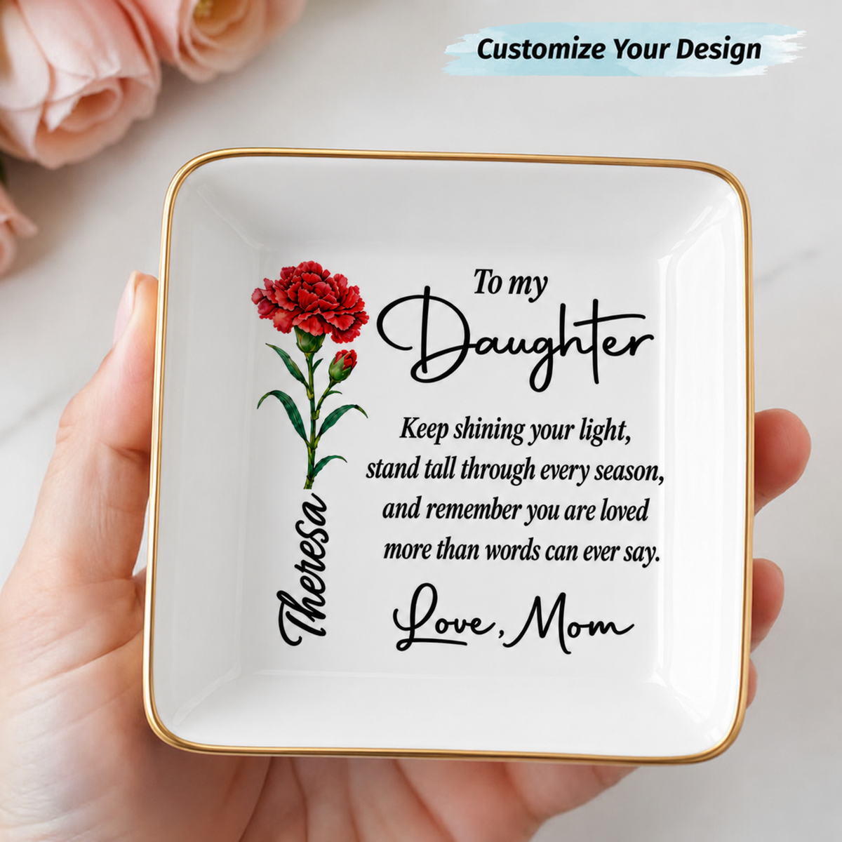 Personalized Birth Flower Jewelry Dish for Daughter – Gift From Mom