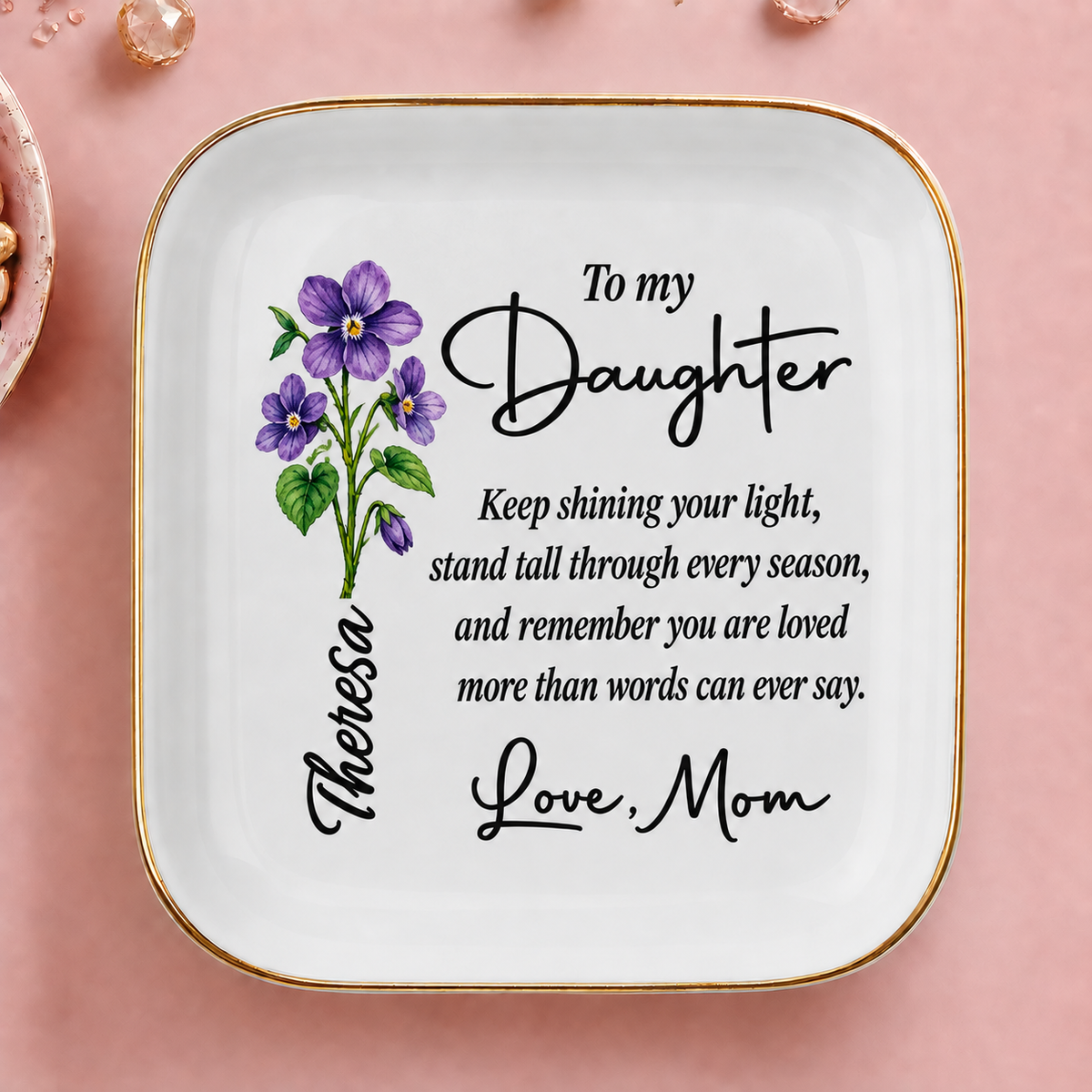 Personalized Birth Flower Jewelry Dish for Daughter – Gift From Mom