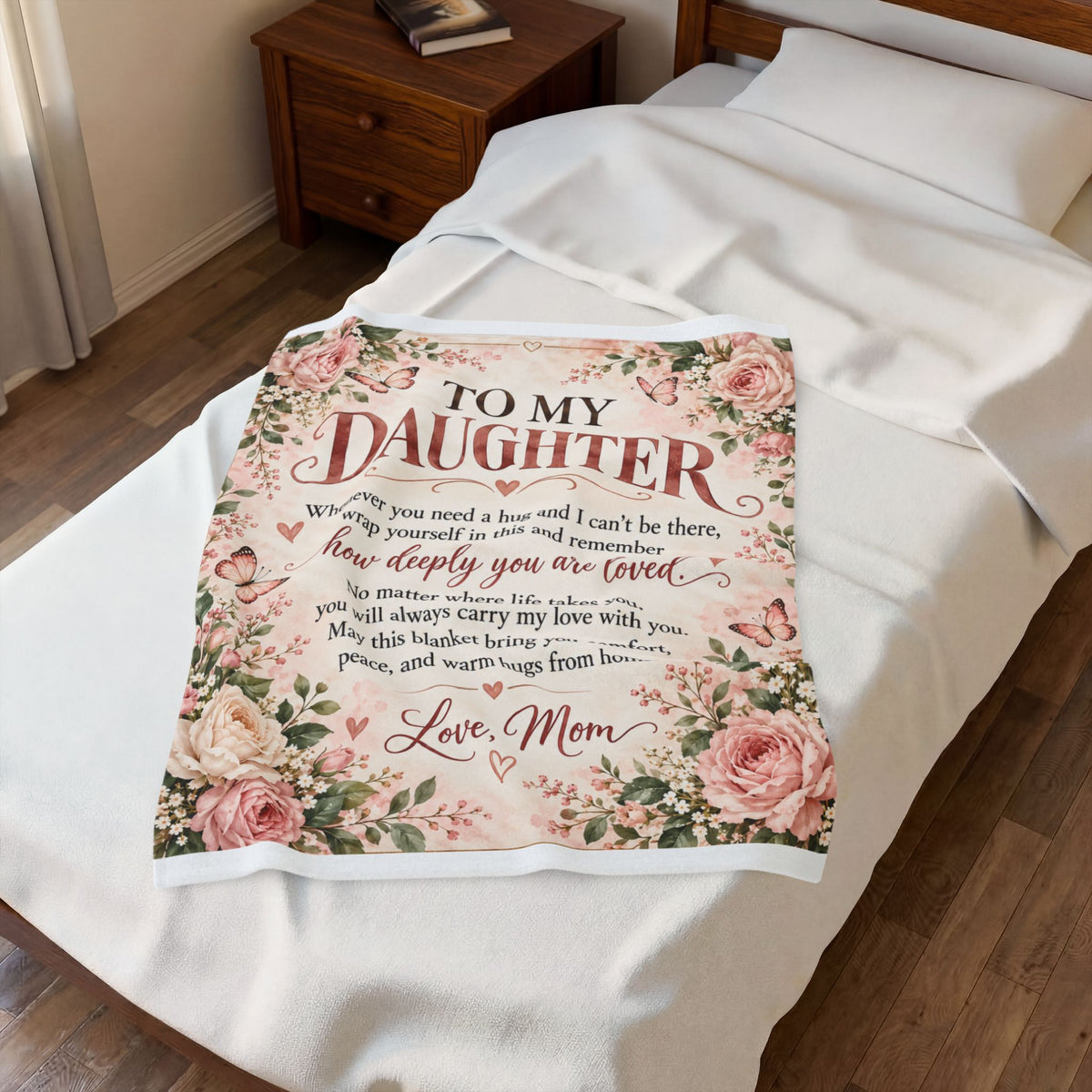 To My Daughter Love Mom Floral Velveteen Plush Blanket