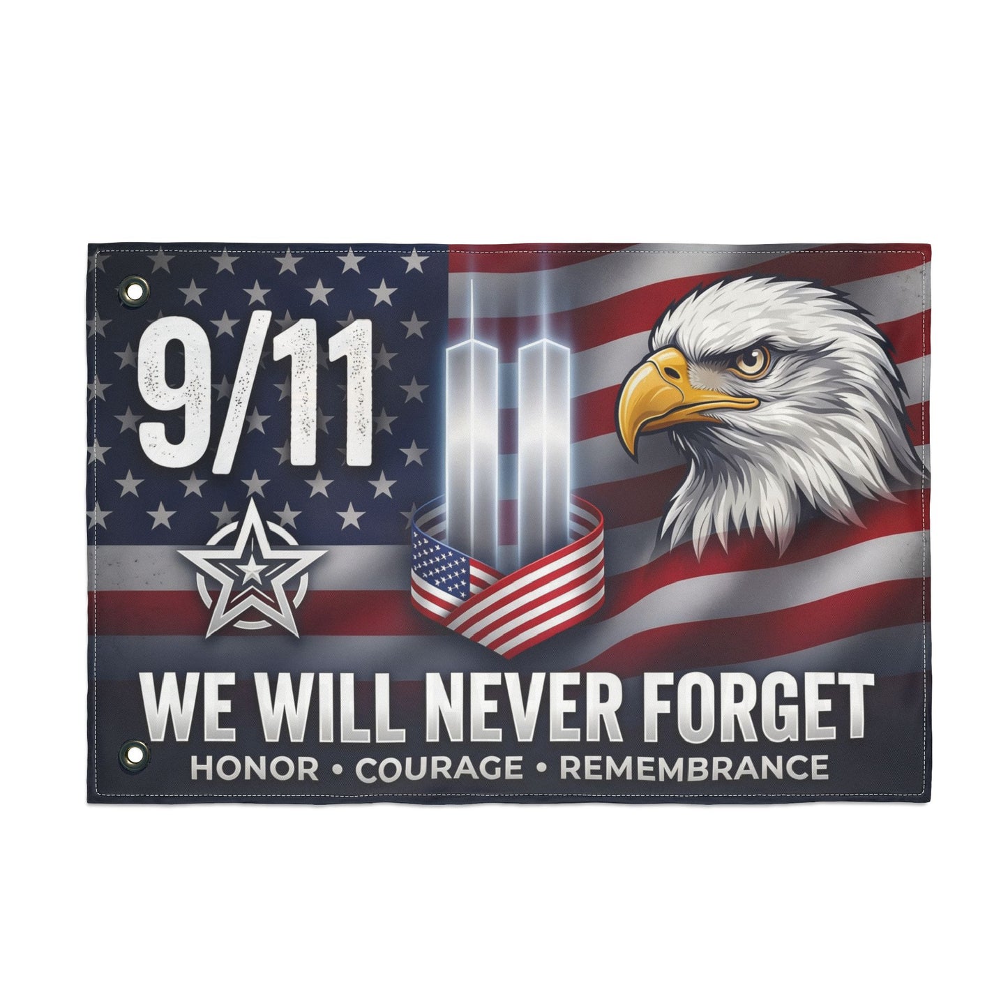 9/11 Memorial Flag — We Will Never Forget Patriotic Eagle Tribute