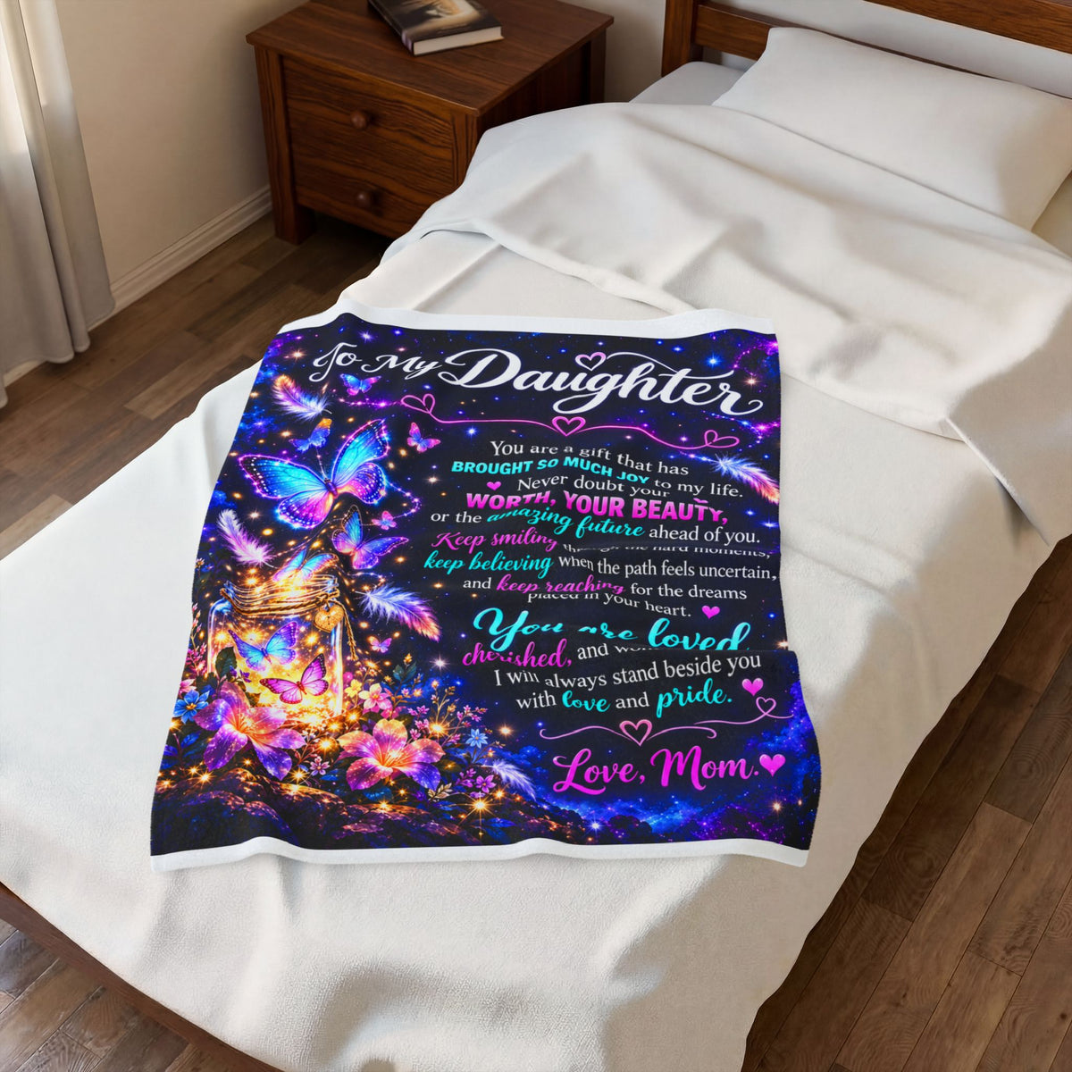 To My Daughter Velvet Blanket — Inspirational Mom Love Gift with Butterflies & Heartfelt Message