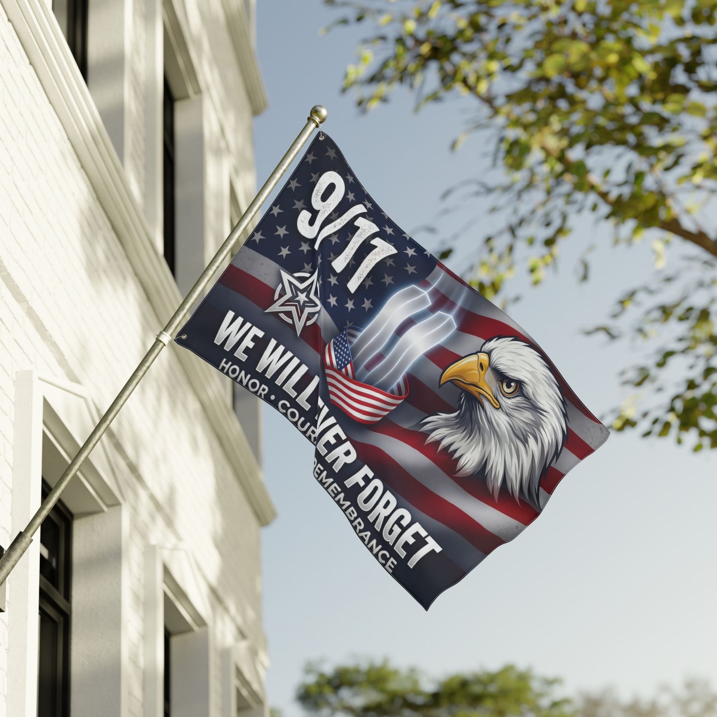 9/11 Memorial Flag — We Will Never Forget Patriotic Eagle Tribute