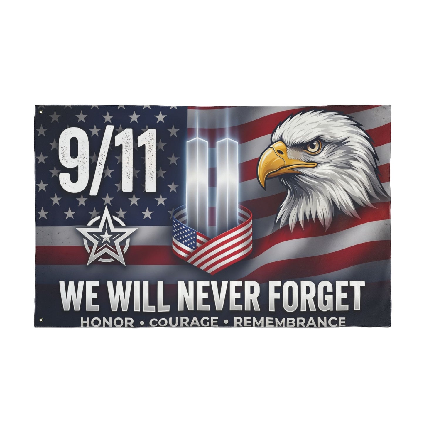 9/11 Memorial Flag — We Will Never Forget Patriotic Eagle Tribute