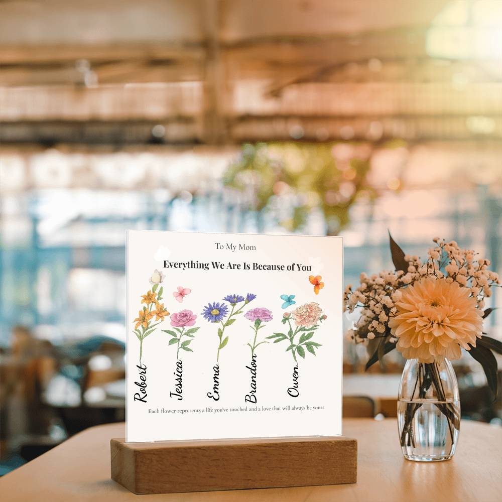 Personalized Mom Acrylic  Plaque with Kids Names & Birth Flowers