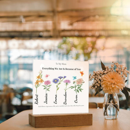 Personalized Mom Acrylic  Plaque with Kids Names & Birth Flowers