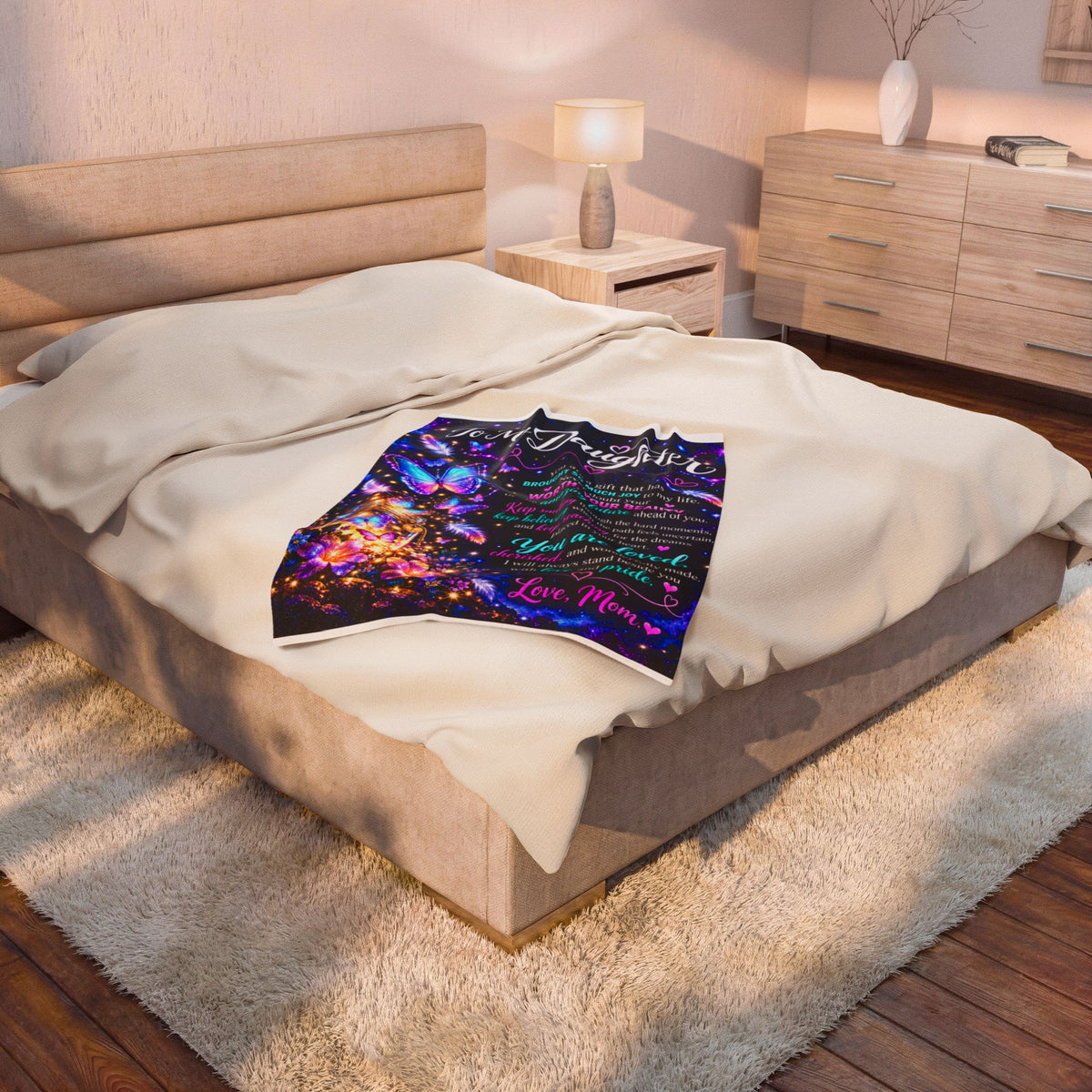 To My Daughter Velvet Blanket — Inspirational Mom Love Gift with Butterflies & Heartfelt Message