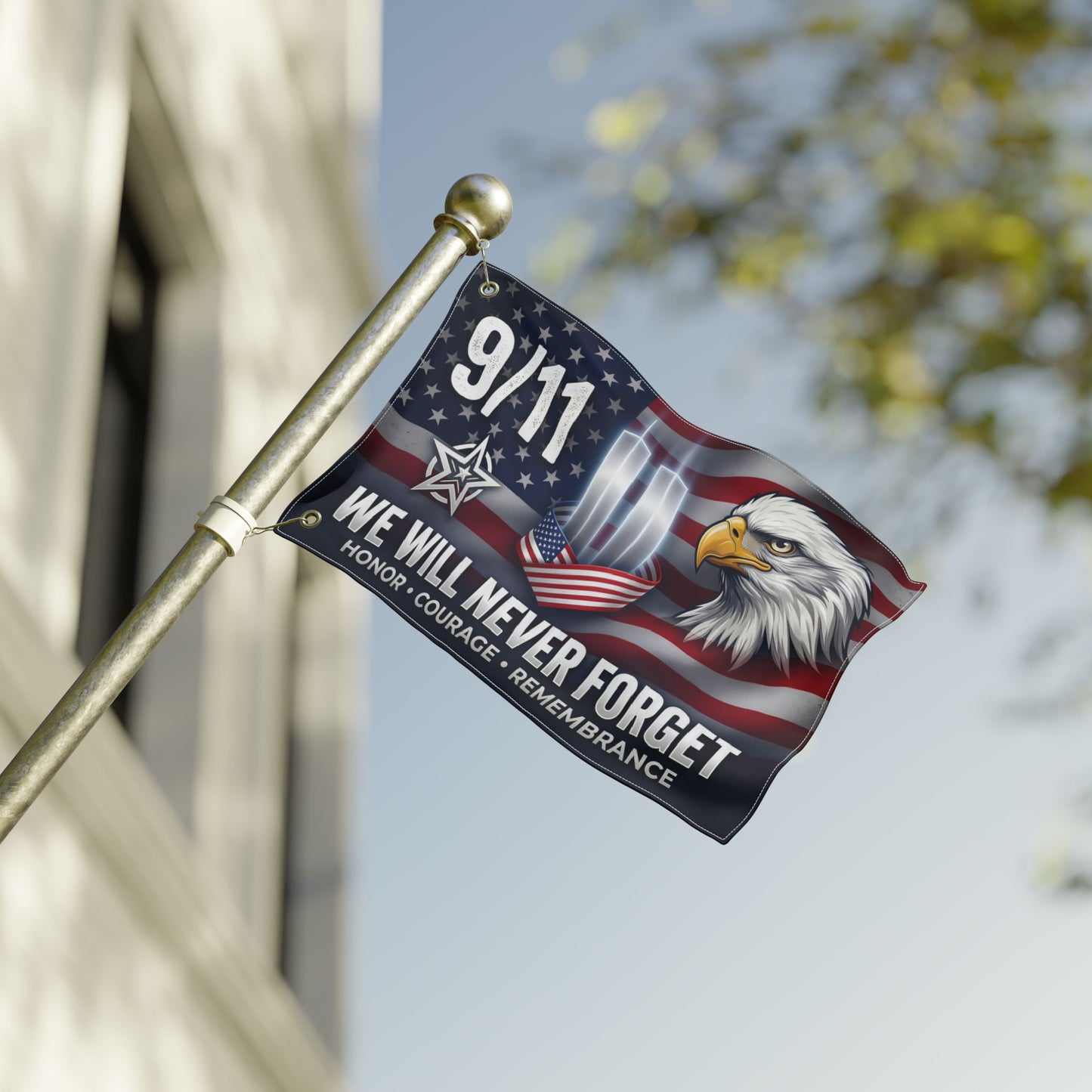 9/11 Memorial Flag — We Will Never Forget Patriotic Eagle Tribute