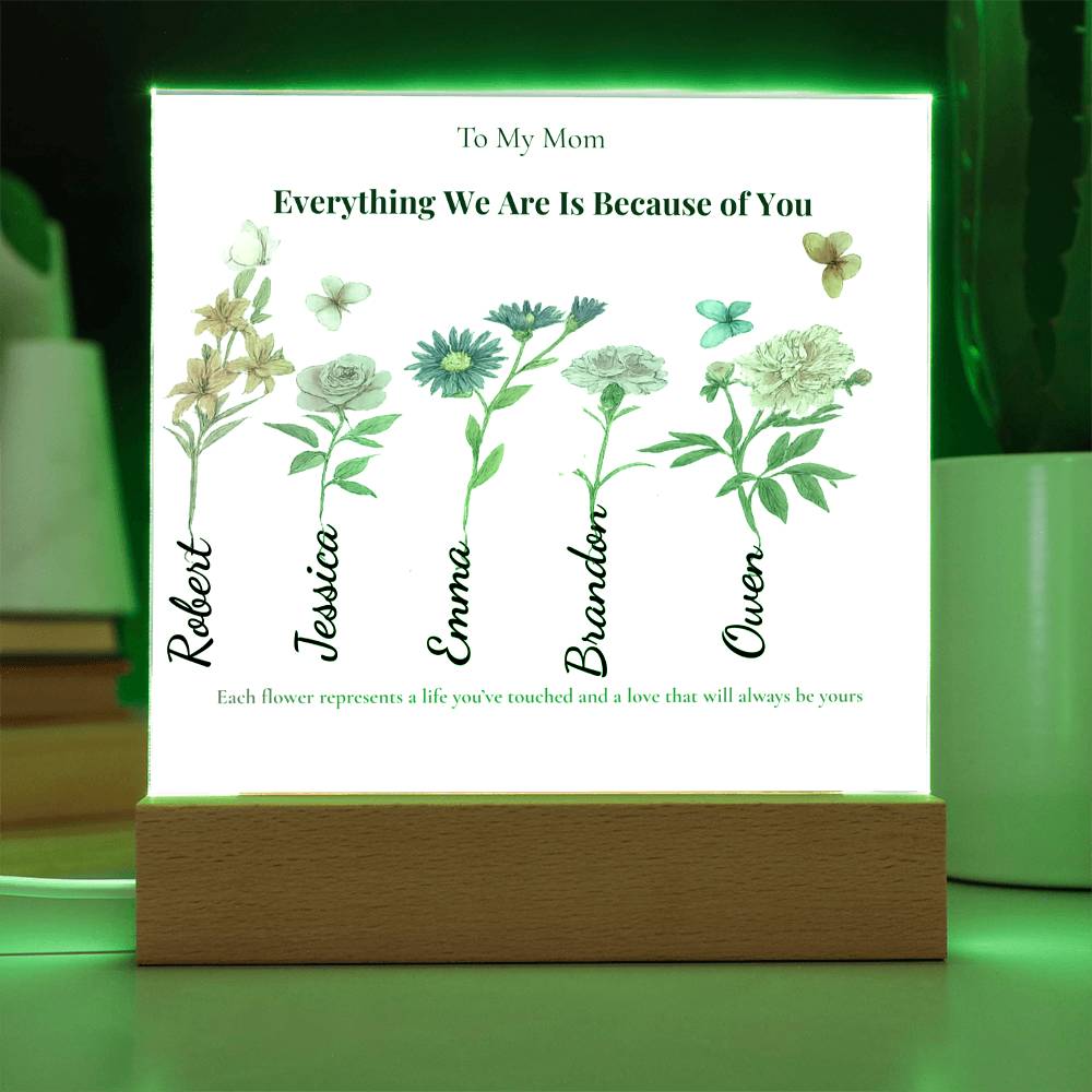 Personalized Mom Acrylic  Plaque with Kids Names & Birth Flowers