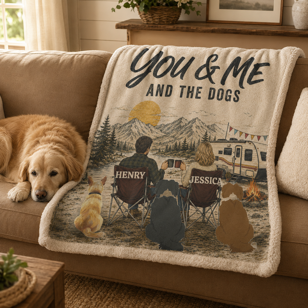 Personalized Camping Couple & Dogs Blanket - 50"x60"