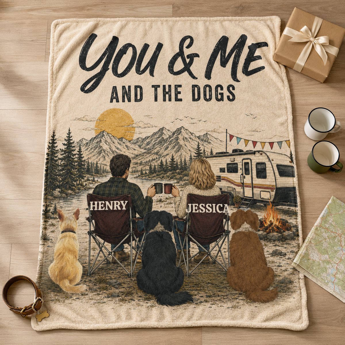 Personalized Camping Couple & Dogs Blanket - 50"x60"