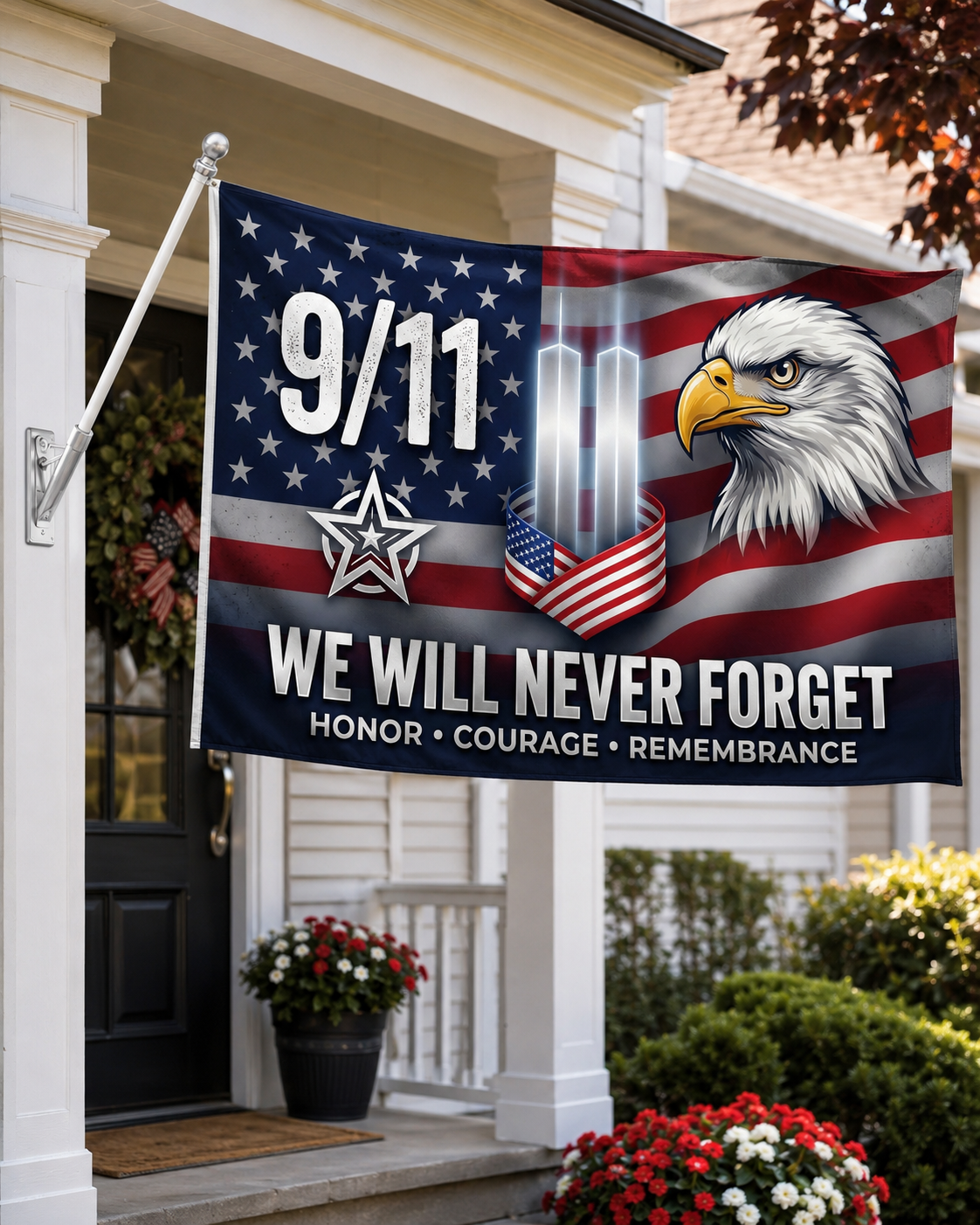 9/11 Memorial Flag — We Will Never Forget Patriotic Eagle Tribute