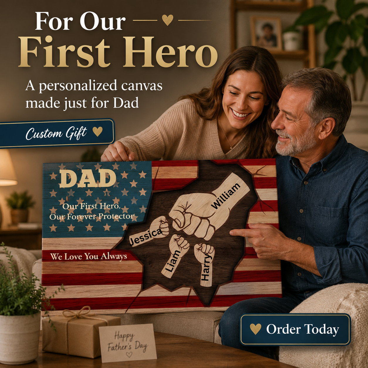 Personalized “Dad, Our First Hero” Patriotic Canvas — Custom Gift From Kids