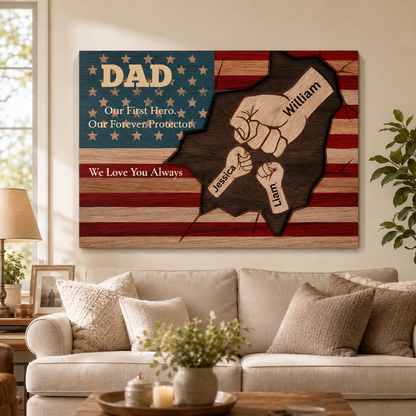 Personalized “Dad, Our First Hero” Patriotic Canvas — Custom Gift From Kids