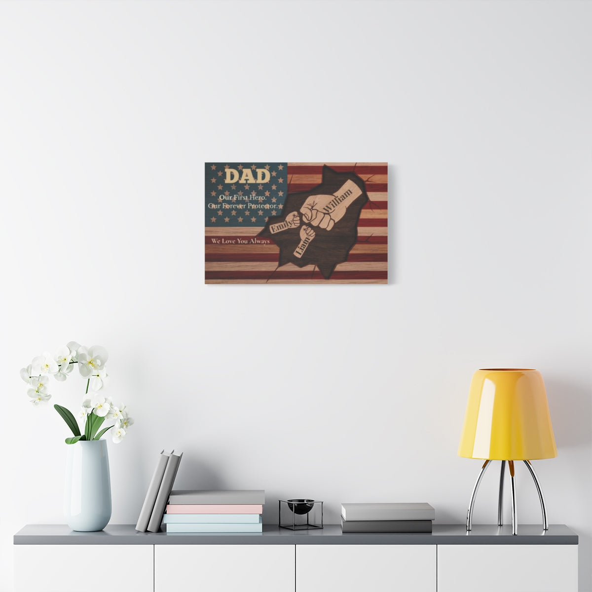 Personalized “Dad, Our First Hero” Patriotic Canvas — Custom Gift From Kids
